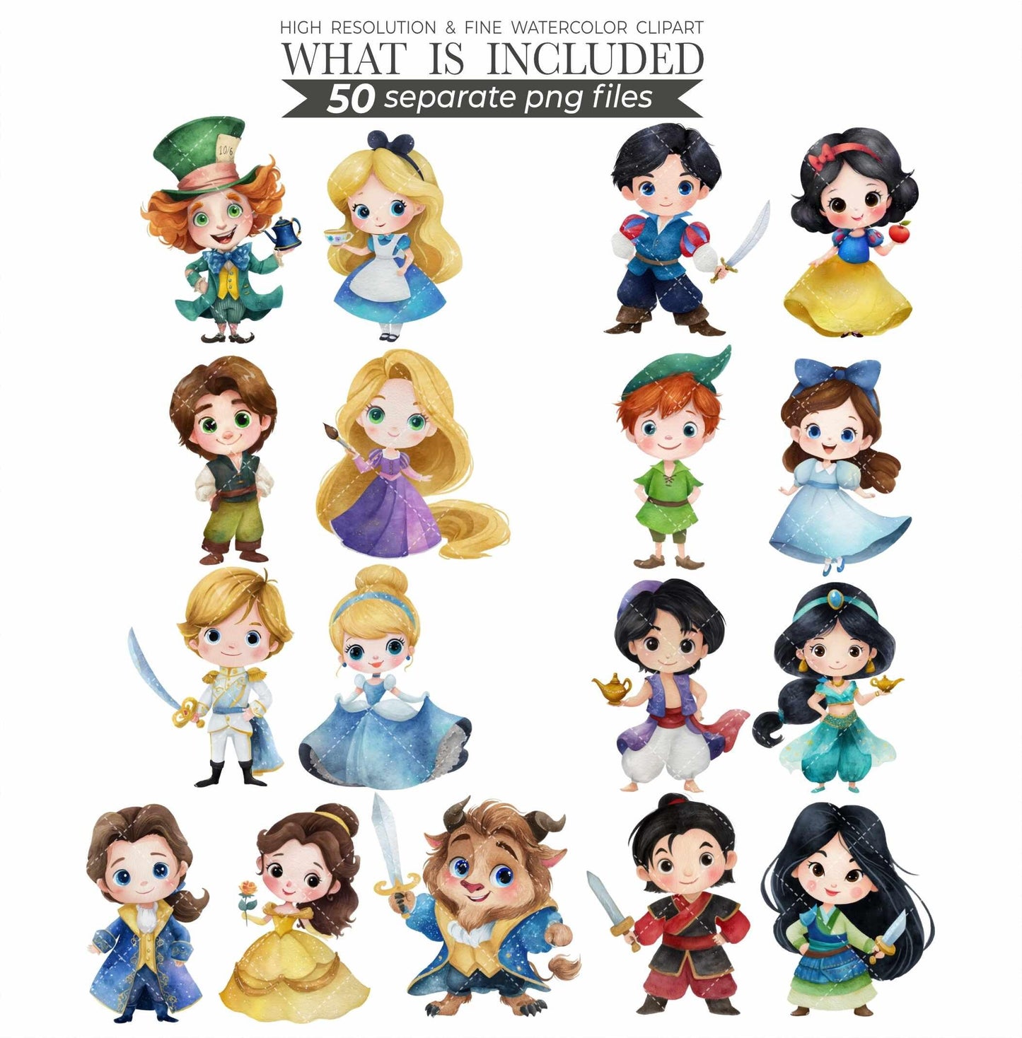 Watercolor Prince and Princess Clipart: Fairytale Baby Shower Decor (Digital Download, 150 PNGs)