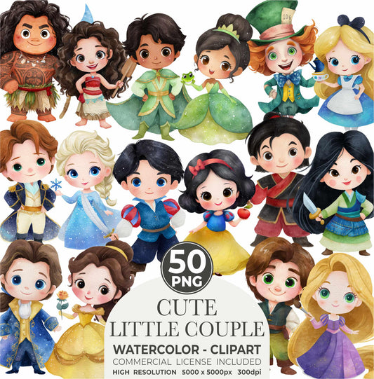 Watercolor Prince and Princess Clipart: Fairytale Baby Shower Decor (Digital Download, 150 PNGs)