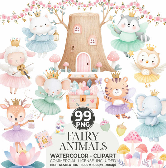 Watercolor Fairy Animal Clipart: Fantasy Nursery Art (Digital Download, Commercial Use PNGs)