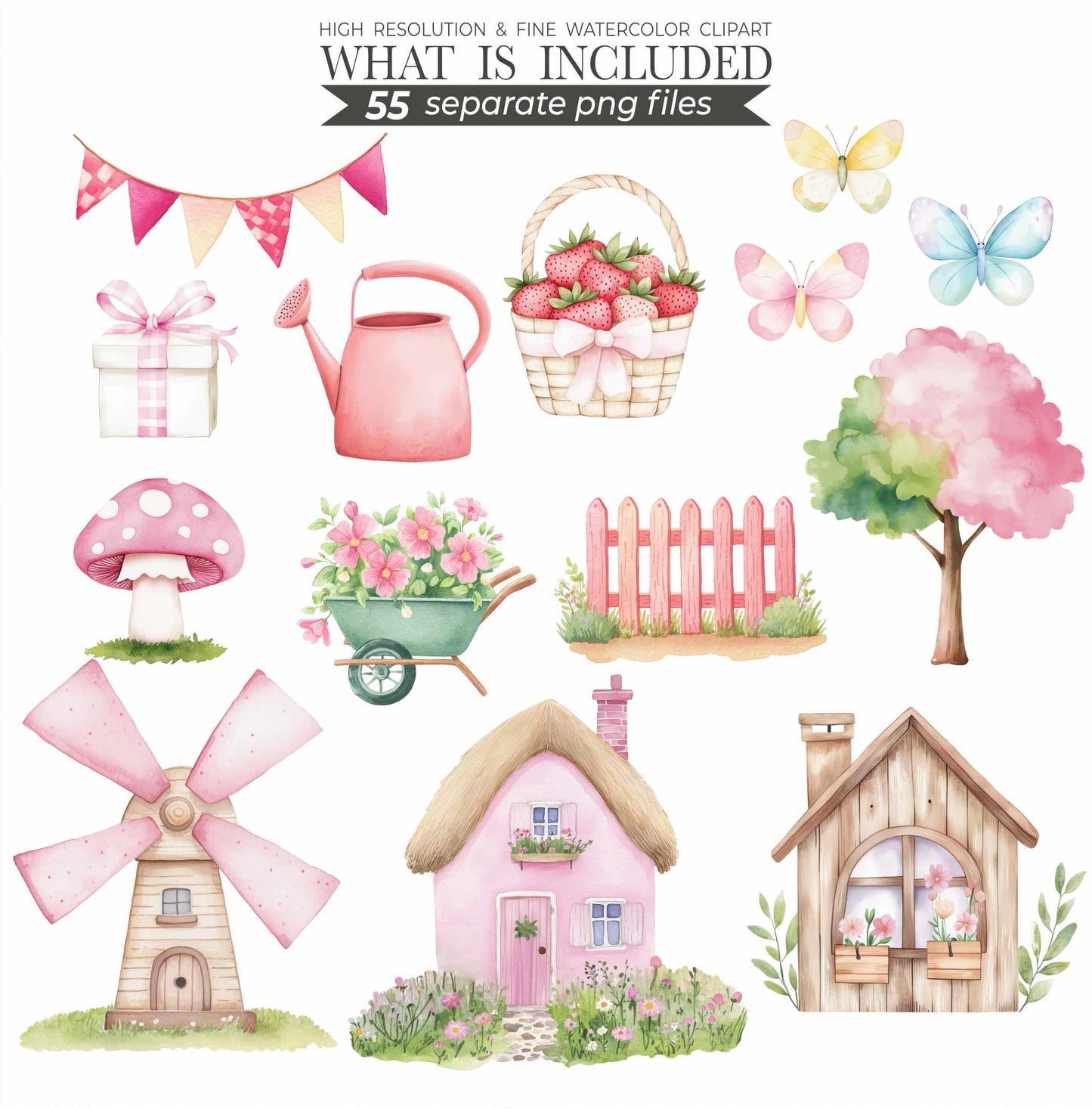 Watercolor Farm Clipart Set: Pink Barn, Animals (110 PNG Files) (Commercial Use) (Digital Download