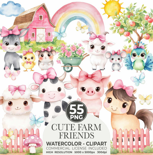 Watercolor Farm Clipart Set: Pink Barn, Animals (110 PNG Files) (Commercial Use) (Digital Download