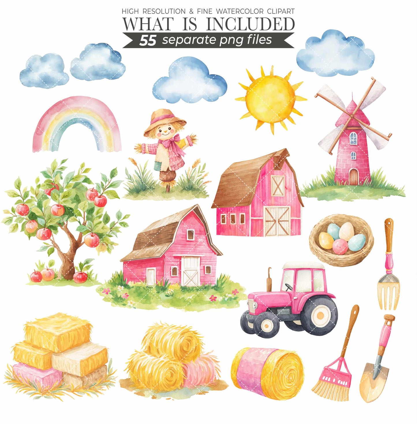 Watercolor Farm Clipart Set: Pink Barn, Animals (110 PNG Files) (Commercial Use) (Digital Download