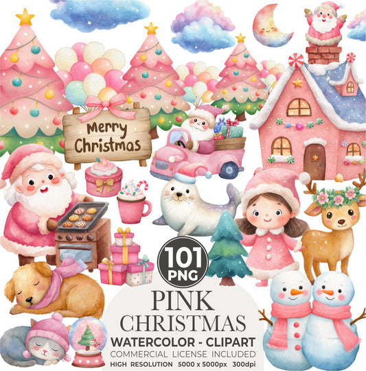 Pink Christmas Clipart: Watercolor Santa, Reindeer, Snowman (101 PNGs) (Commercial Use)