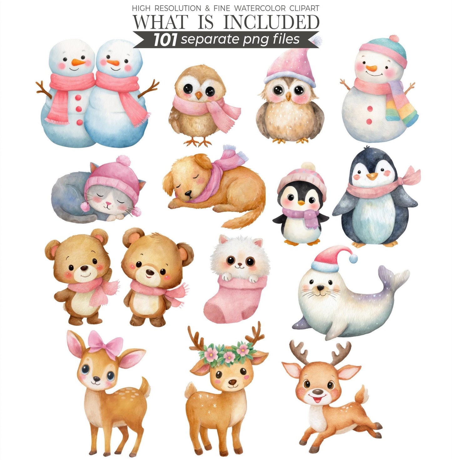 Pink Christmas Clipart: Watercolor Santa, Reindeer, Snowman (101 PNGs) (Commercial Use)