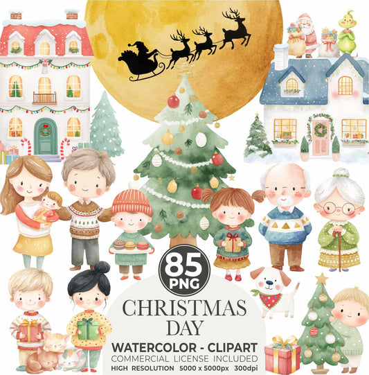 Christmas Clipart Bundle: Santa, Family, Pets Watercolor PNG (Commercial Use)