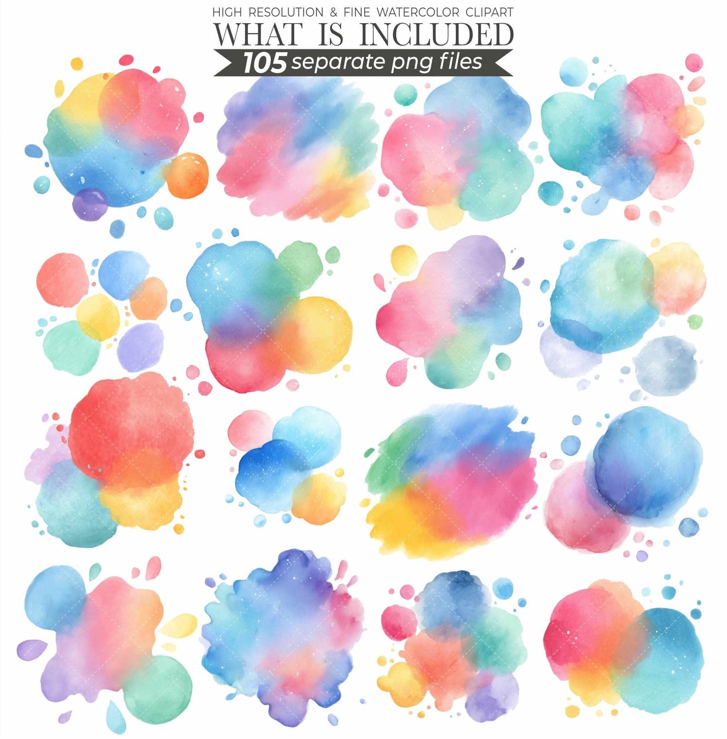 105 Cute Pastel Watercolor Splash Clipart: Abstract PNG (Commercial Use)