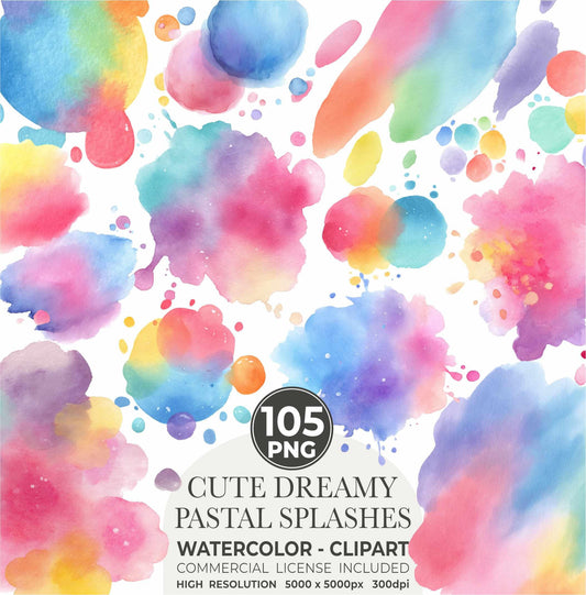 105 Cute Pastel Watercolor Splash Clipart: Abstract PNG (Commercial Use)