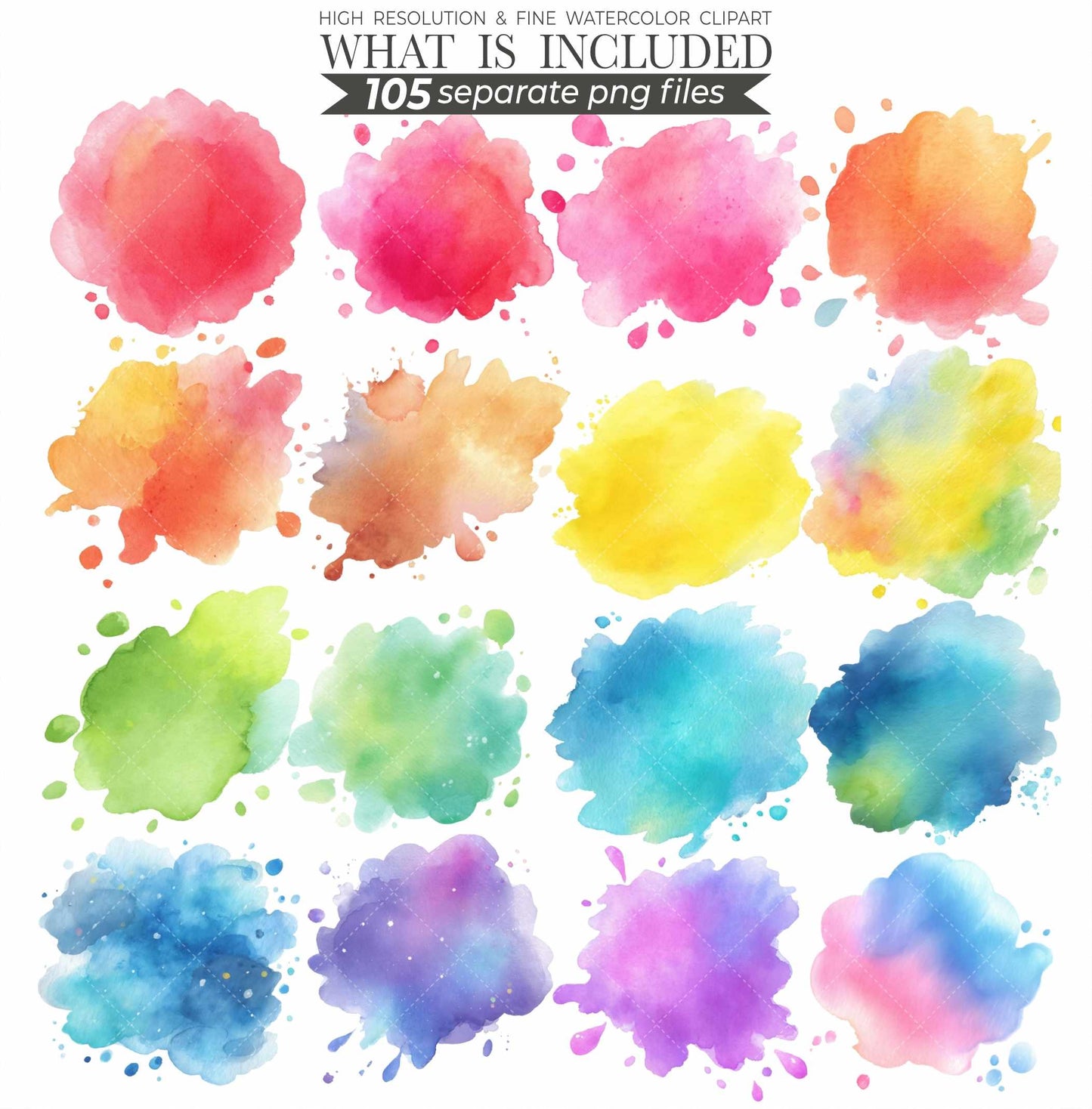 105 Cute Pastel Watercolor Splash Clipart: Abstract PNG (Commercial Use)