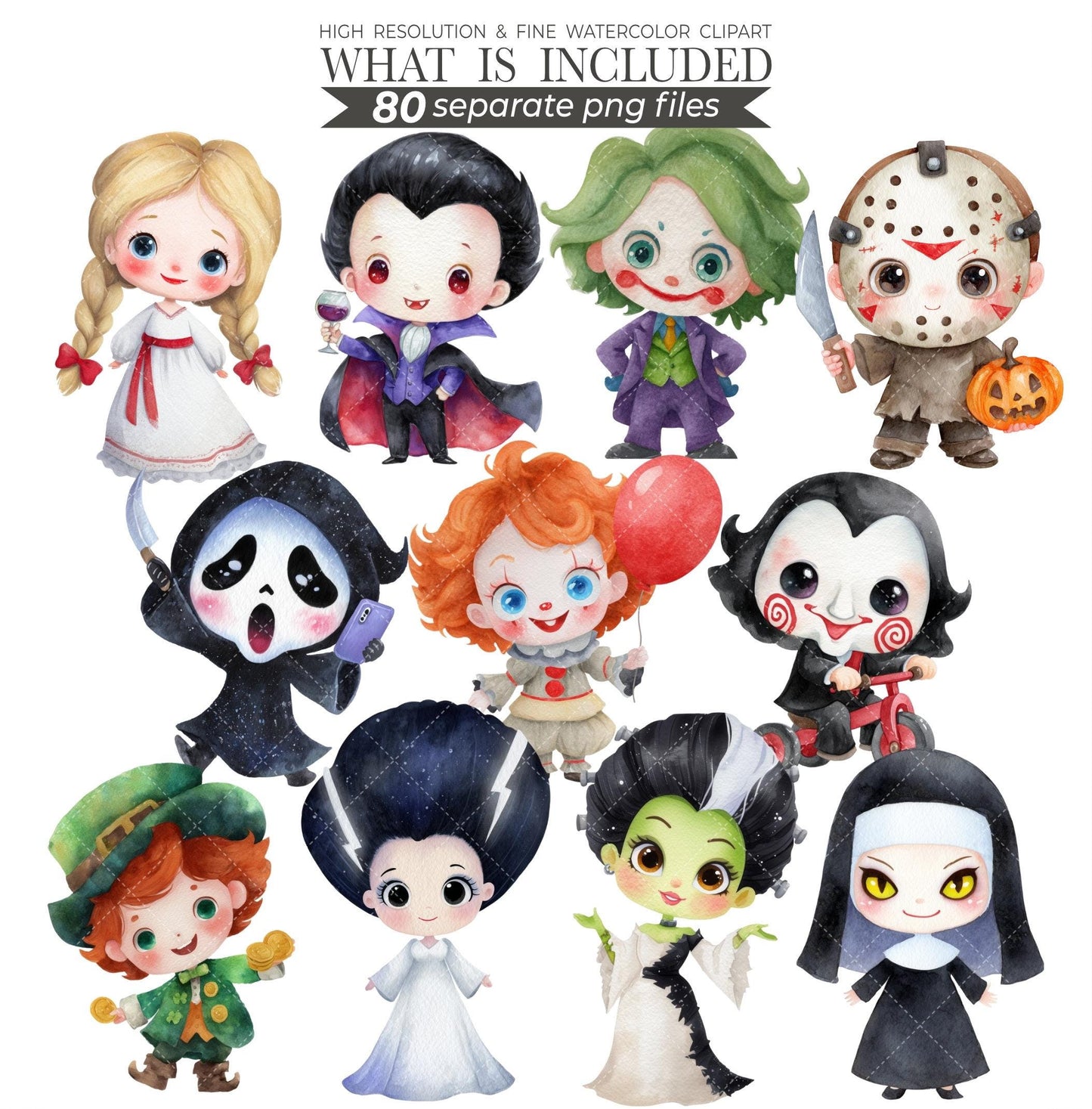 80 Chibi Horror Clipart PNG: Creepy Cute Villains, Dark Style, 300 DPI (Digital Download)