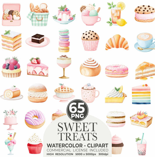 Watercolor Sweets Clipart Bundle: Pastel Candy, Cupcake, Ice Cream (PNG Files, Commercial Use)