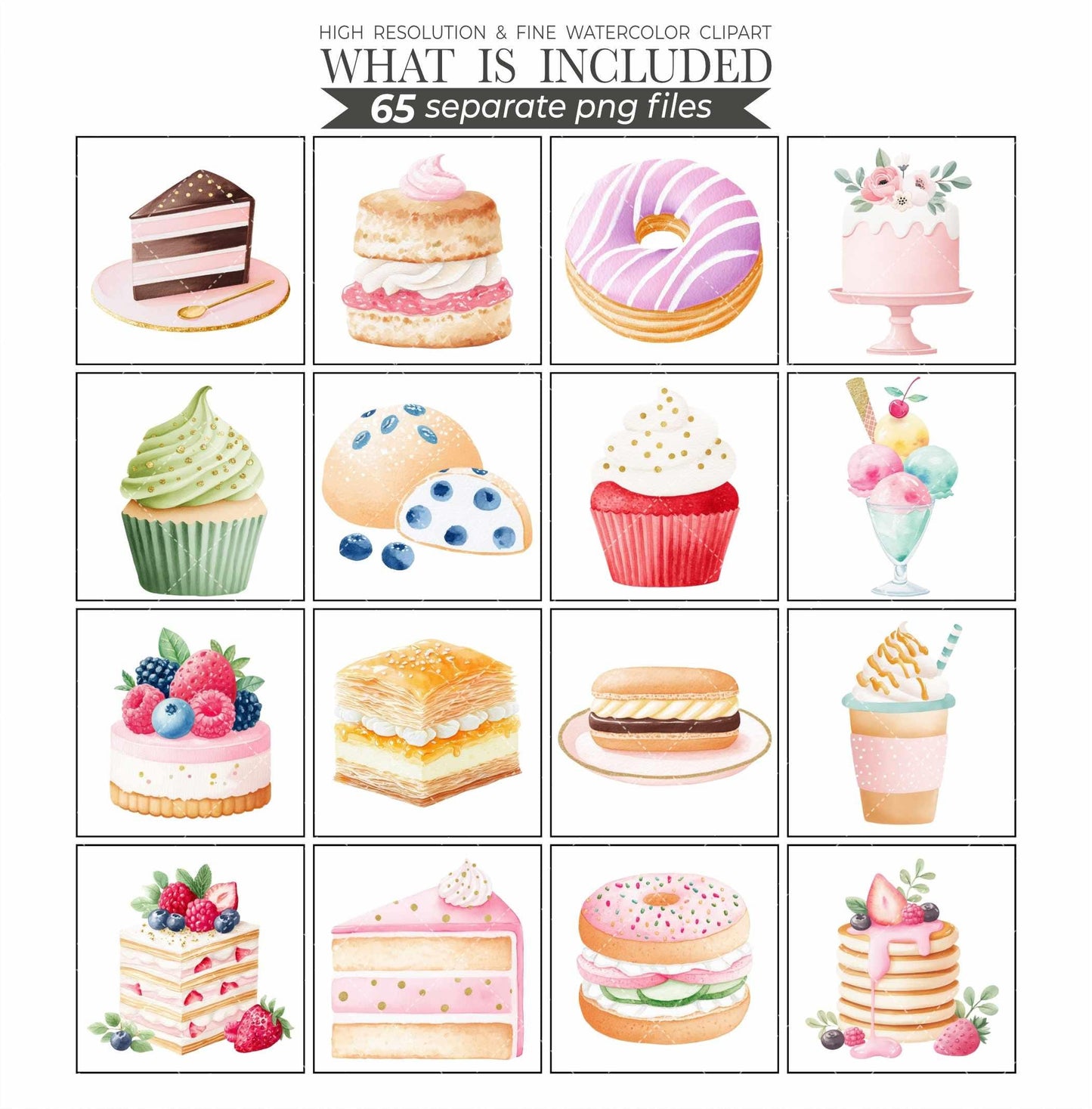 Watercolor Sweets Clipart Bundle: Pastel Candy, Cupcake, Ice Cream (PNG Files, Commercial Use)