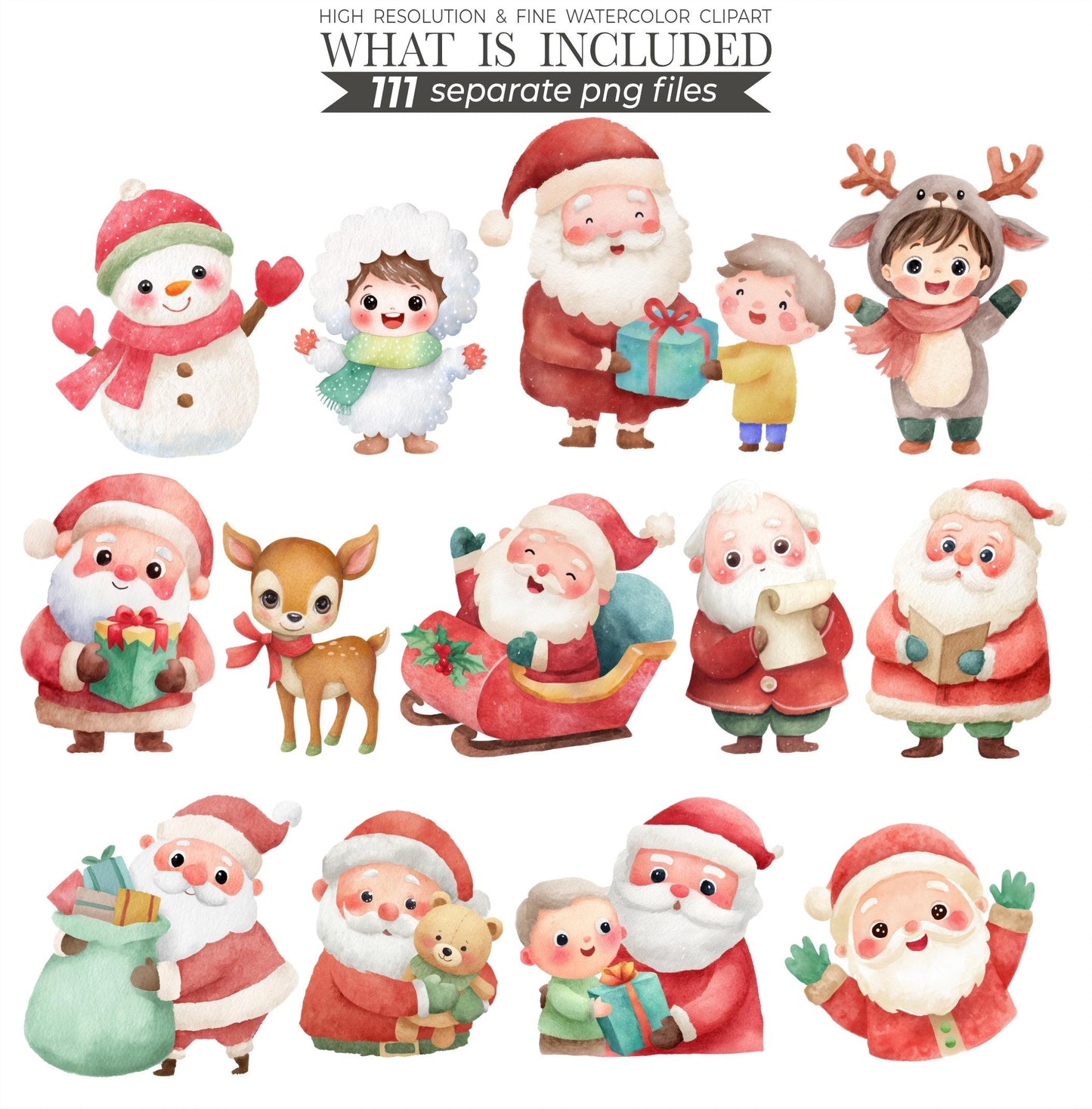 Christmas Watercolor Clipart Bundle | 111 Holiday PNG Images | Xmas Illustrations, Digital Download, Commercial Use