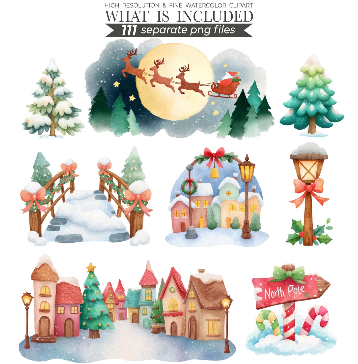 Christmas Watercolor Clipart Bundle | 111 Holiday PNG Images | Xmas Illustrations, Digital Download, Commercial Use