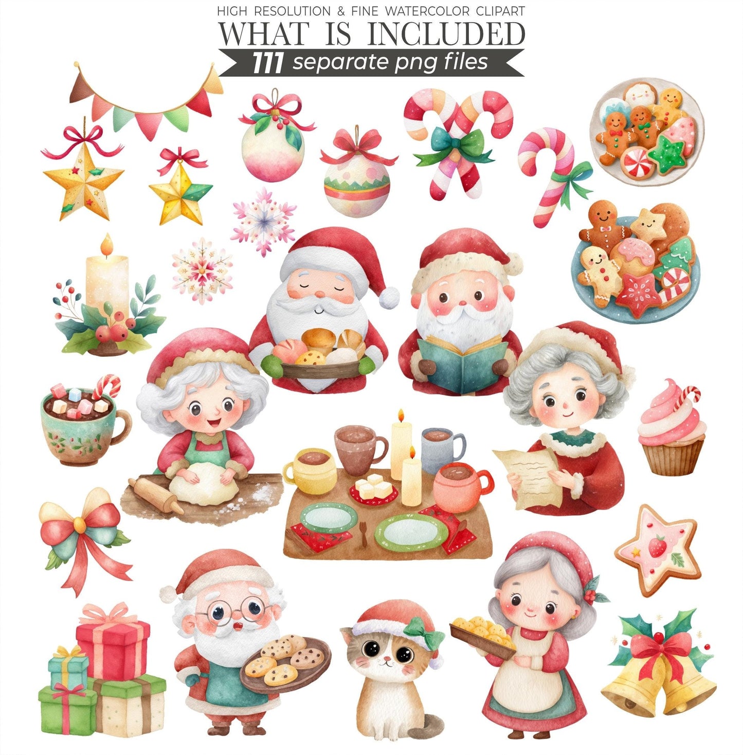 Christmas Watercolor Clipart Bundle | 111 Holiday PNG Images | Xmas Illustrations, Digital Download, Commercial Use