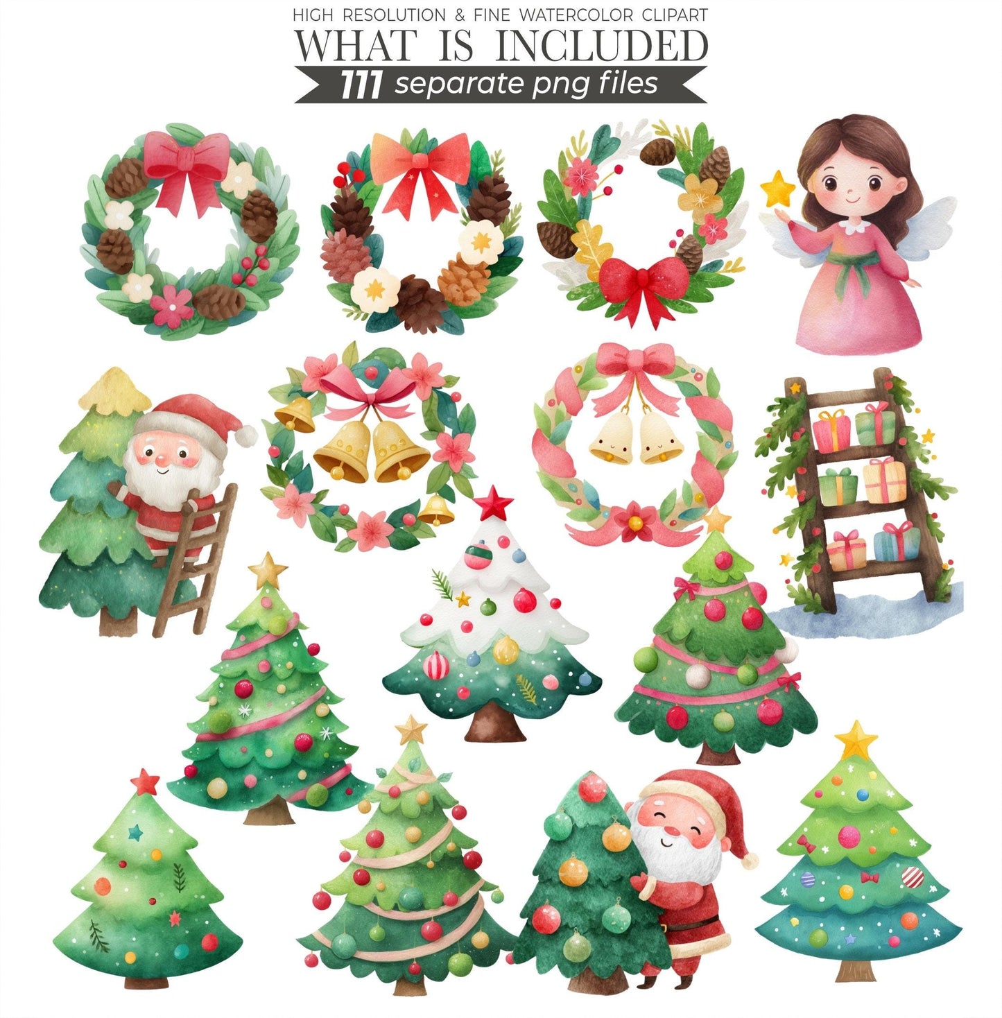 Christmas Watercolor Clipart Bundle | 111 Holiday PNG Images | Xmas Illustrations, Digital Download, Commercial Use