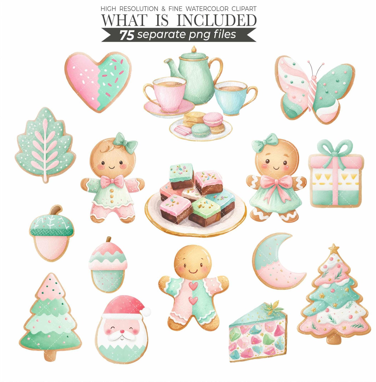 Mint and Pink Christmas Clipart: Watercolor Santa, Reindeer, Snowman (150 PNGs) (Commercial Use)