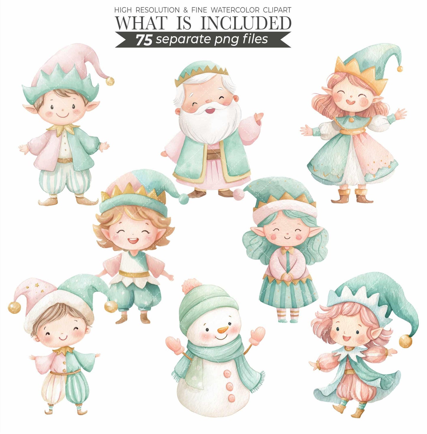 Mint and Pink Christmas Clipart: Watercolor Santa, Reindeer, Snowman (150 PNGs) (Commercial Use)