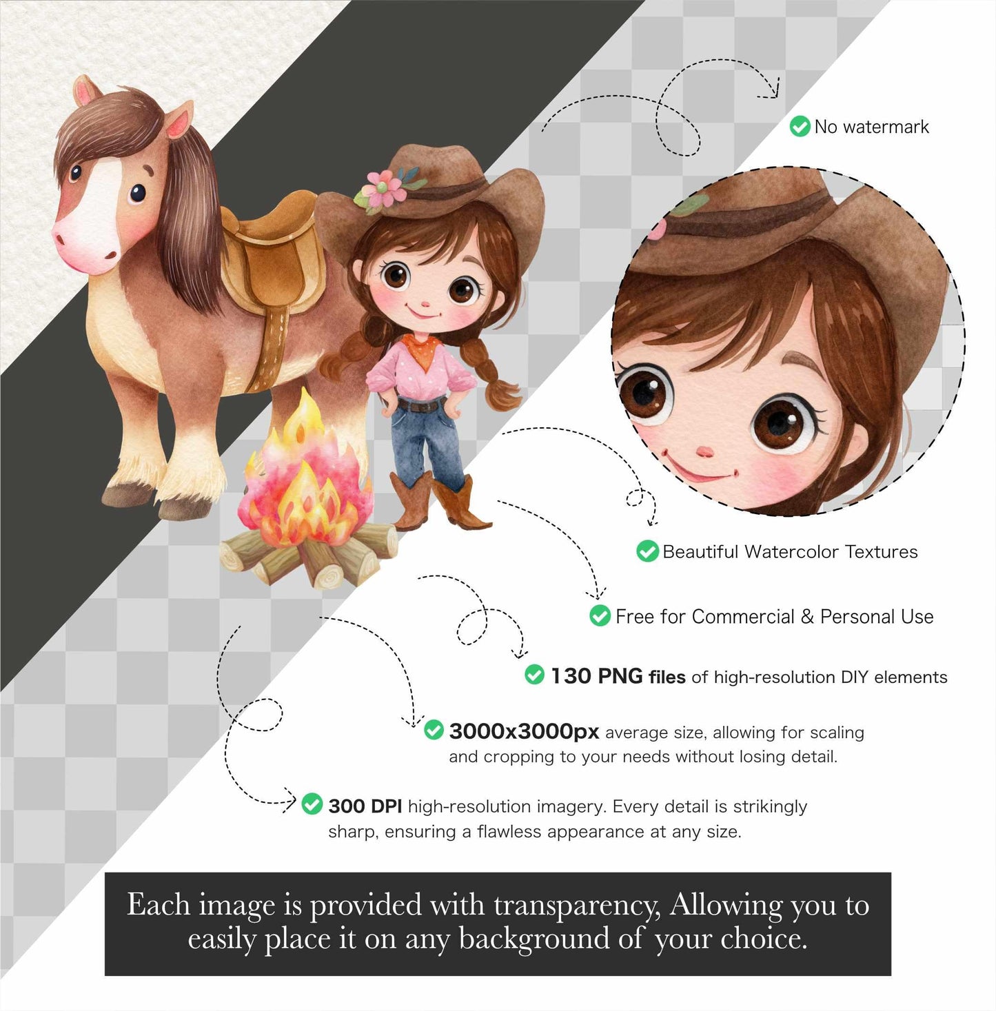 Watercolor Cowgirl Clipart Bundle: 130 PNG Designs (Digital Download)