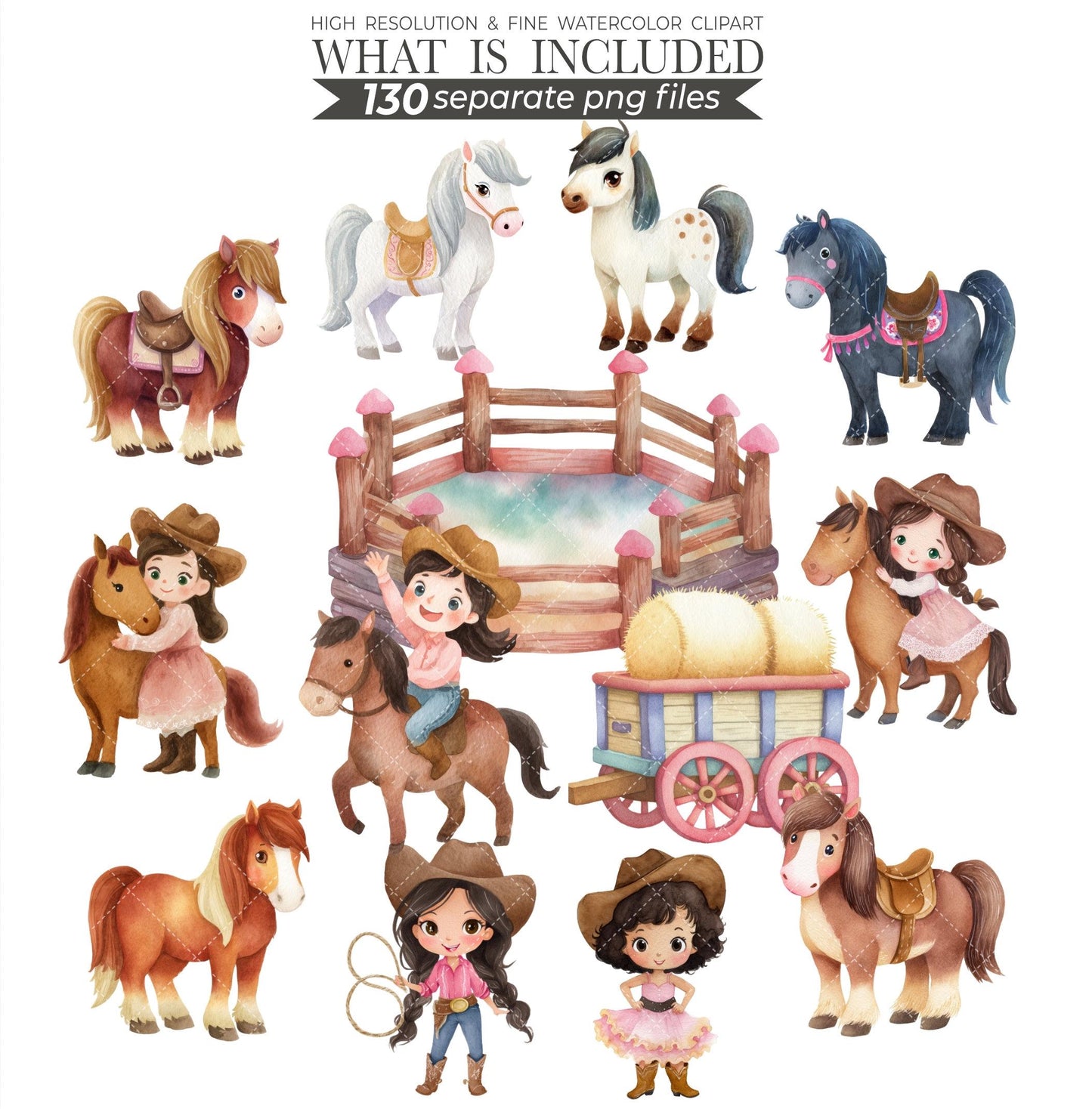 Watercolor Cowgirl Clipart Bundle: 130 PNG Designs (Digital Download)