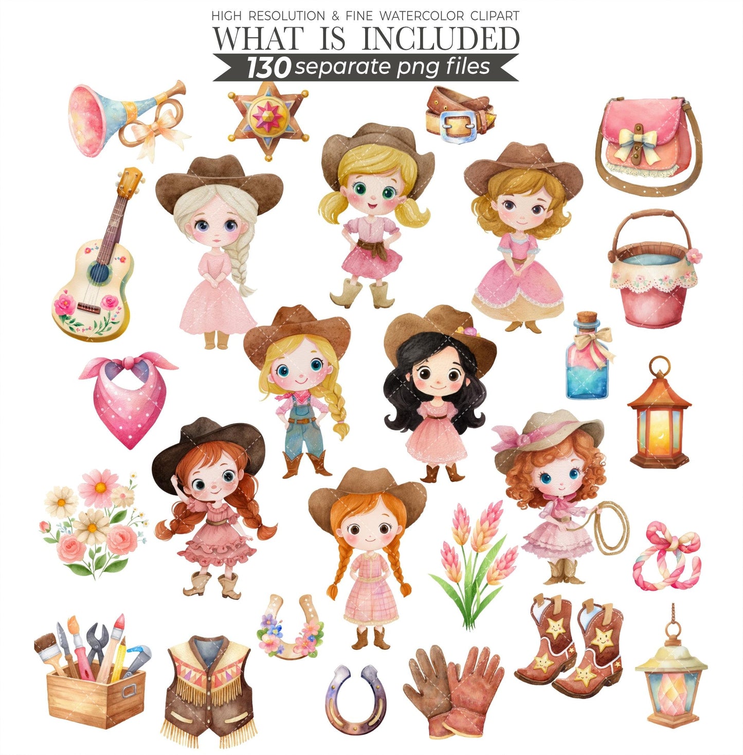 Watercolor Cowgirl Clipart Bundle: 130 PNG Designs (Digital Download)