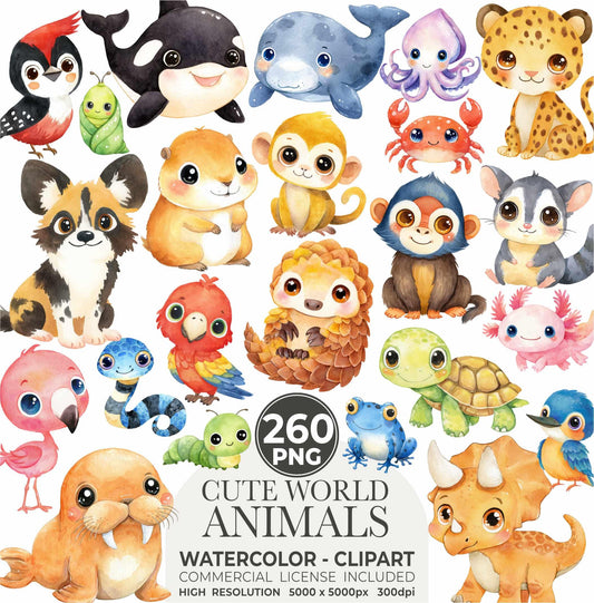 Watercolor Cute Animals Clipart 260 Cute Animal PNG Watercolor Animals Cute Animal Bundle Baby Animals Printable Animals Clipart Bundle