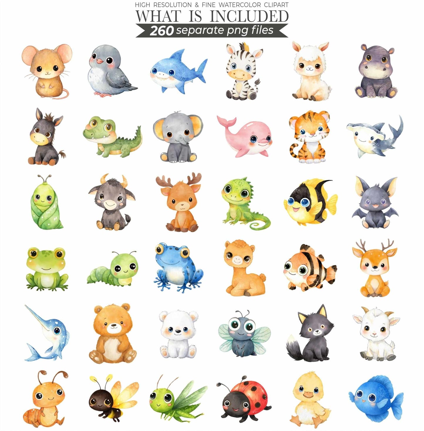 Watercolor Cute Animals Clipart 260 Cute Animal PNG Watercolor Animals Cute Animal Bundle Baby Animals Printable Animals Clipart Bundle