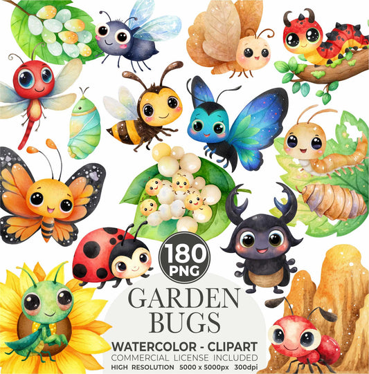Cute Little Love Bugs Clipart, Insects Clipart, Spring Clip Art Bundle, Garden Creatures Clipart, Bee Watercolor Clipart, Bug Birthday Png