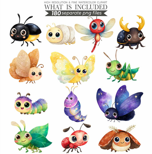 Cute Little Love Bugs Clipart, Insects Clipart, Spring Clip Art Bundle, Garden Creatures Clipart, Bee Watercolor Clipart, Bug Birthday Png