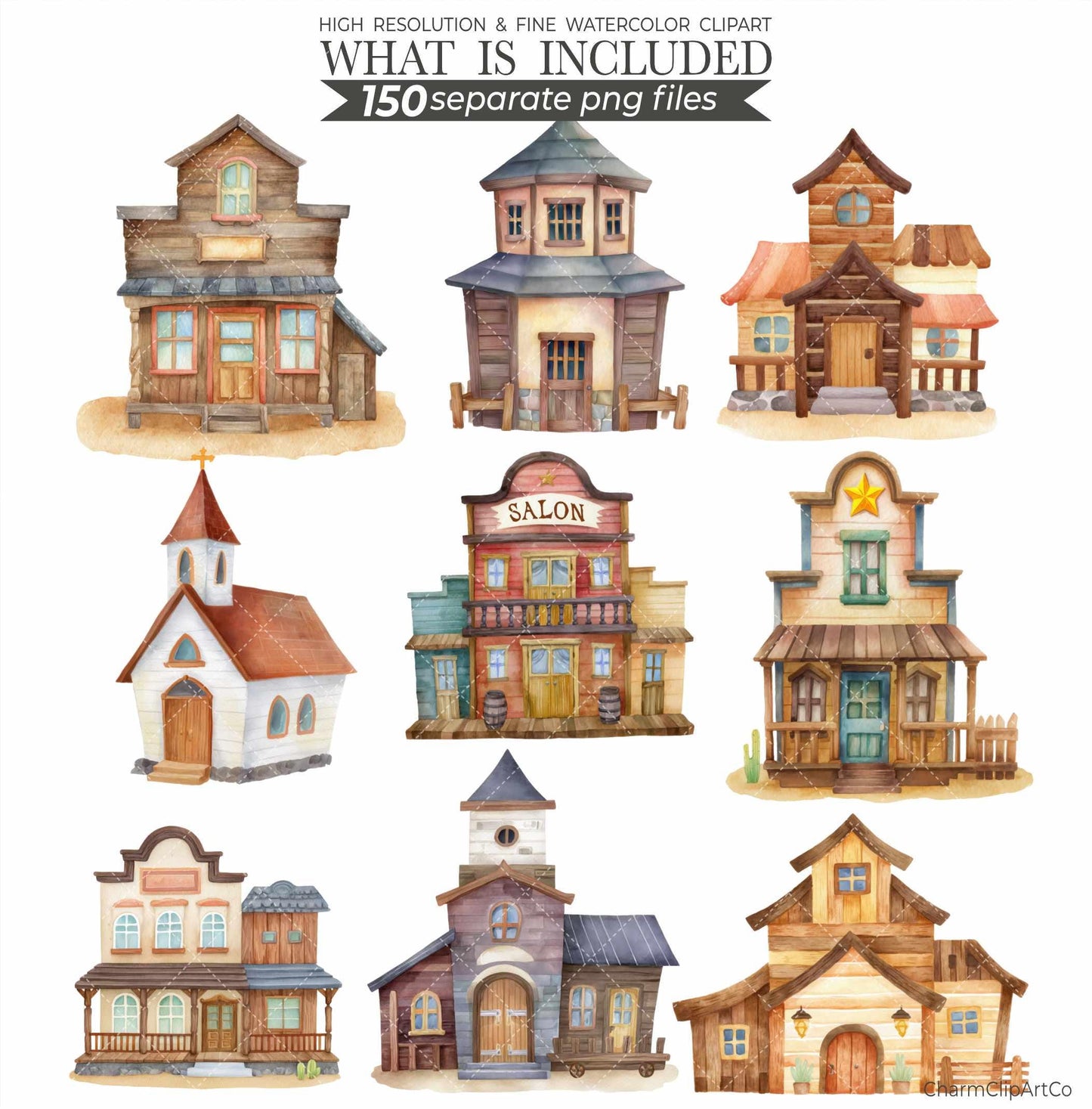Watercolor Cowboy Clipart Bundle: 150 PNG Designs (Digital Download)