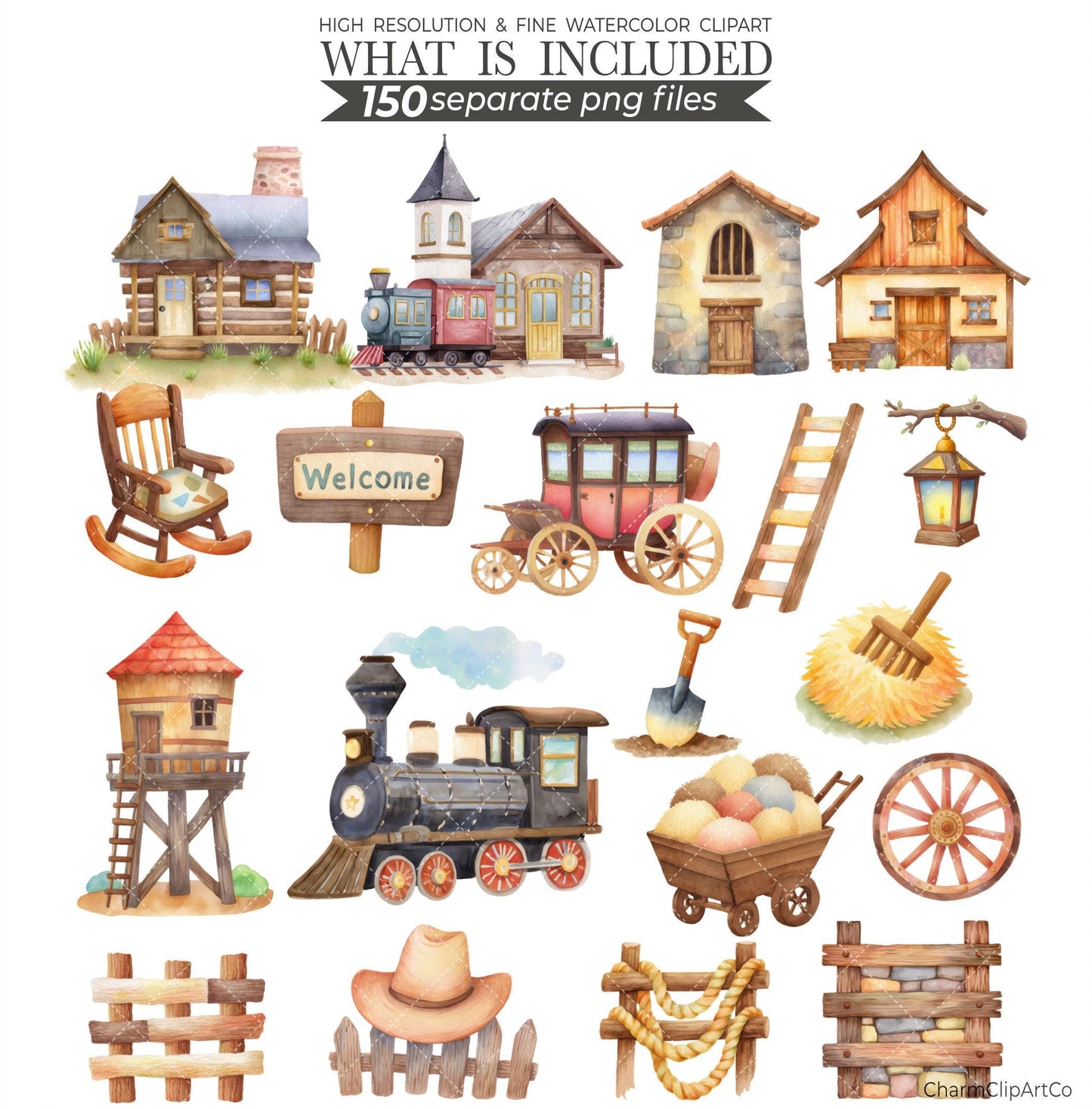 Watercolor Cowboy Clipart Bundle: 150 PNG Designs (Digital Download)