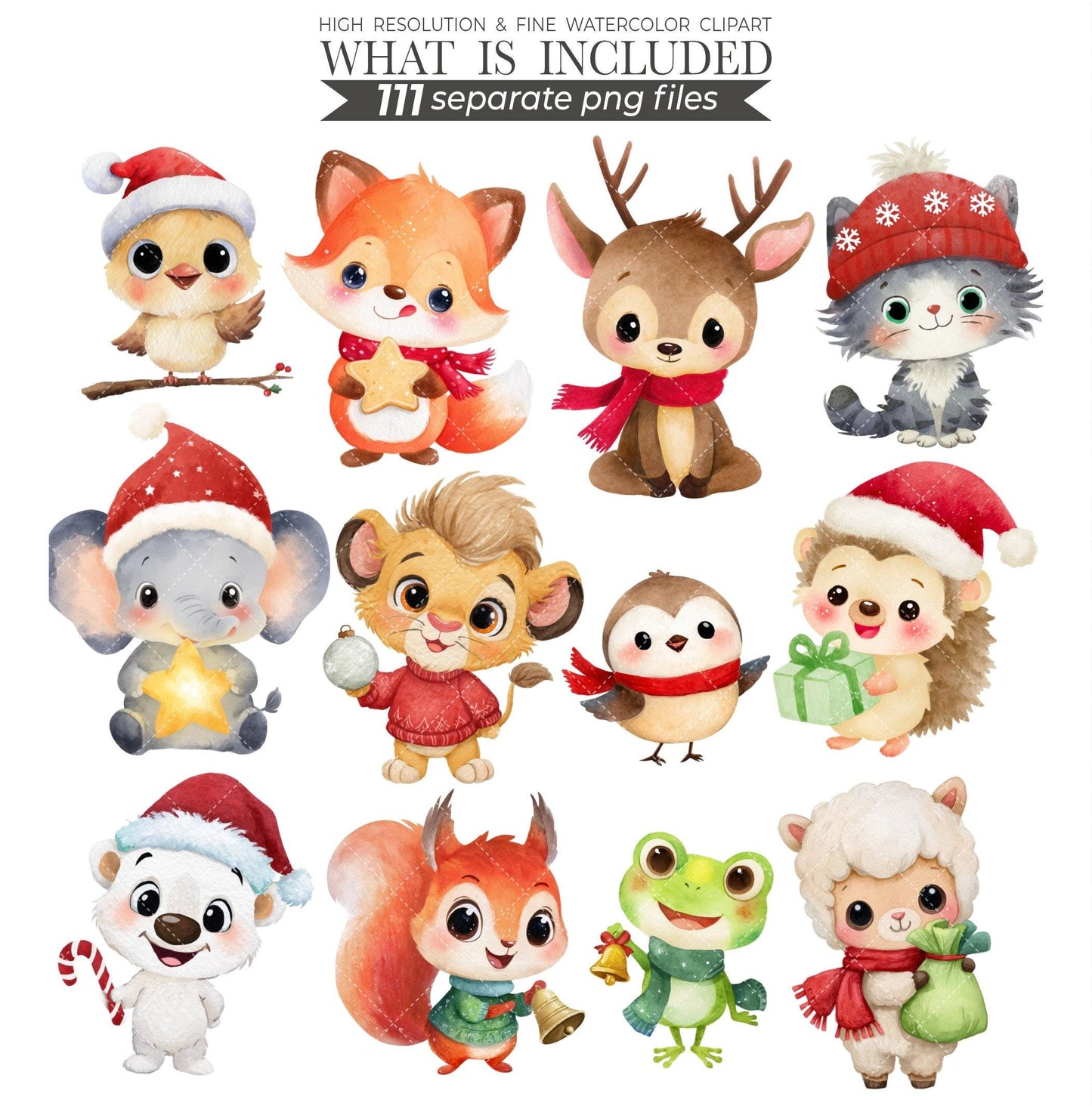 Watercolor Christmas Animals Clipart: Winter Woodland PNG Bundle (Digital Download)