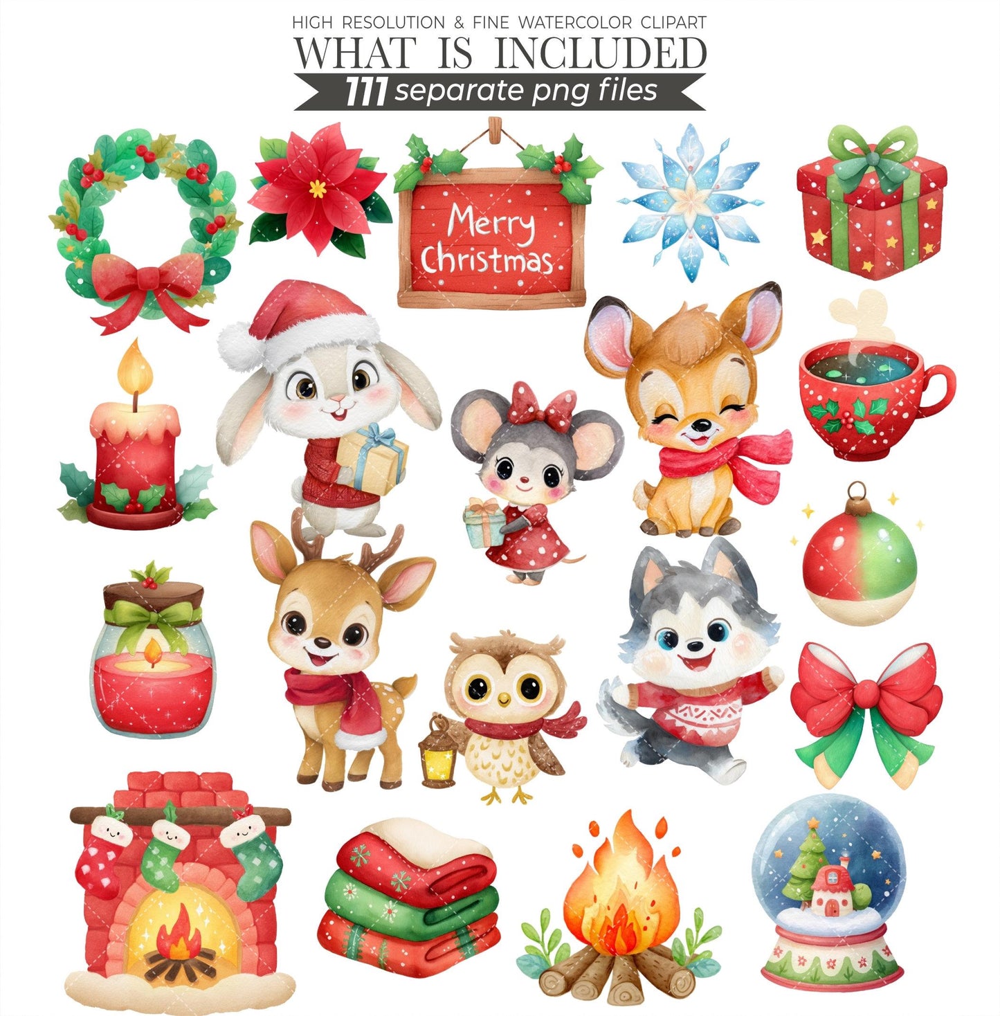 Watercolor Christmas Animals Clipart: Winter Woodland PNG Bundle (Digital Download)