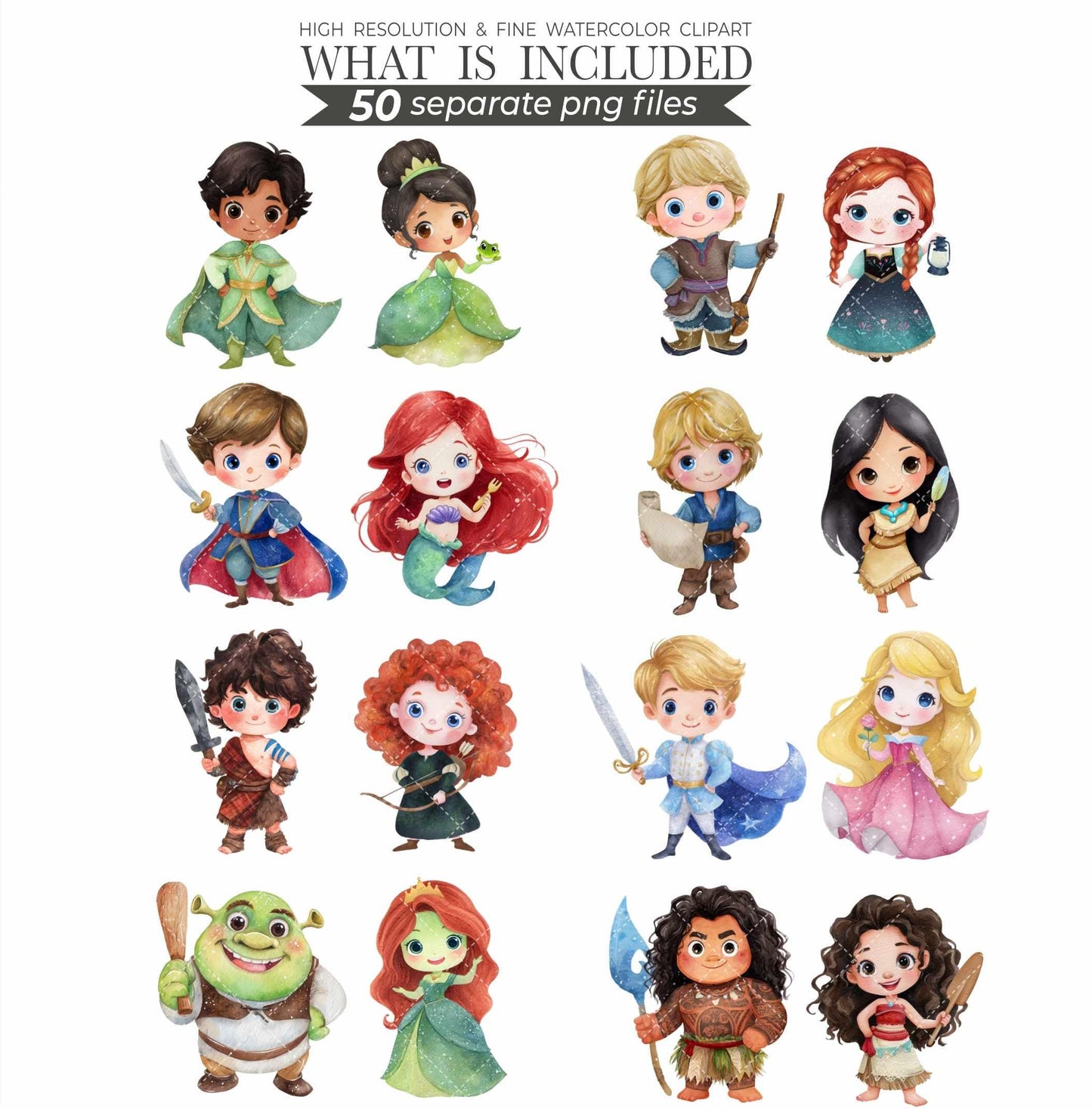 Watercolor Prince and Princess Clipart: Fairytale Baby Shower Decor (Digital Download, 150 PNGs)