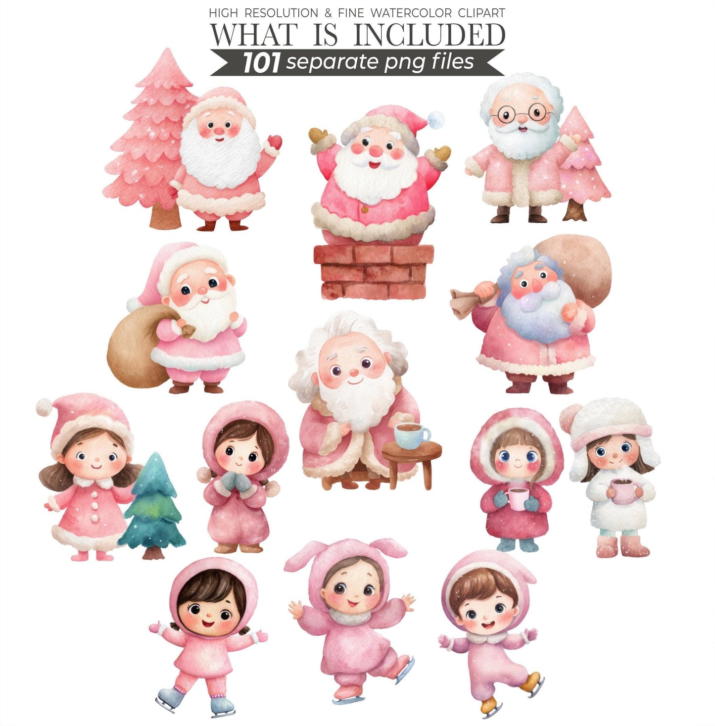 Pink Christmas Clipart: Watercolor Santa, Reindeer, Snowman (101 PNGs) (Commercial Use)
