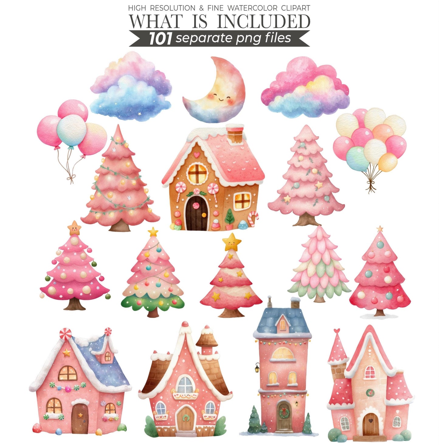 Pink Christmas Clipart: Watercolor Santa, Reindeer, Snowman (101 PNGs) (Commercial Use)