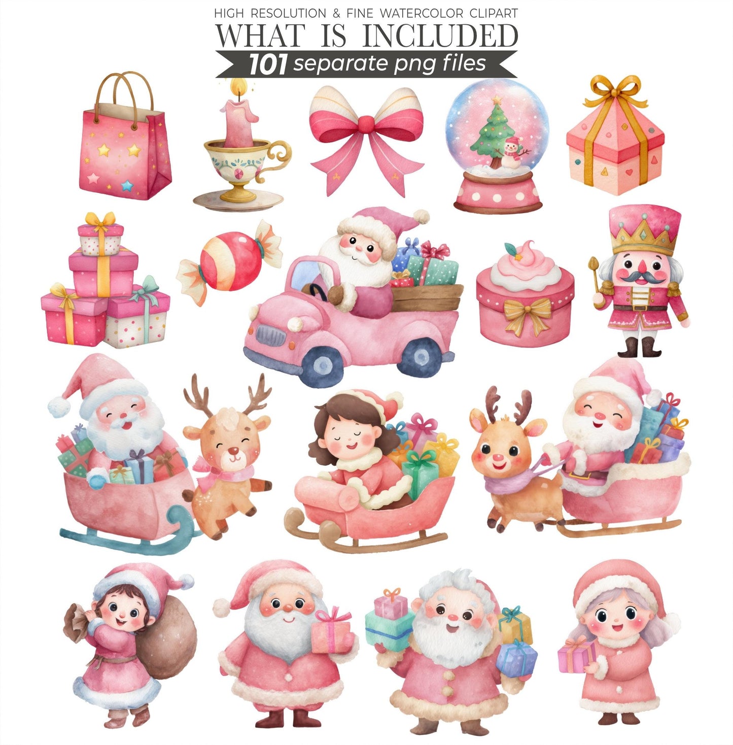 Pink Christmas Clipart: Watercolor Santa, Reindeer, Snowman (101 PNGs) (Commercial Use)