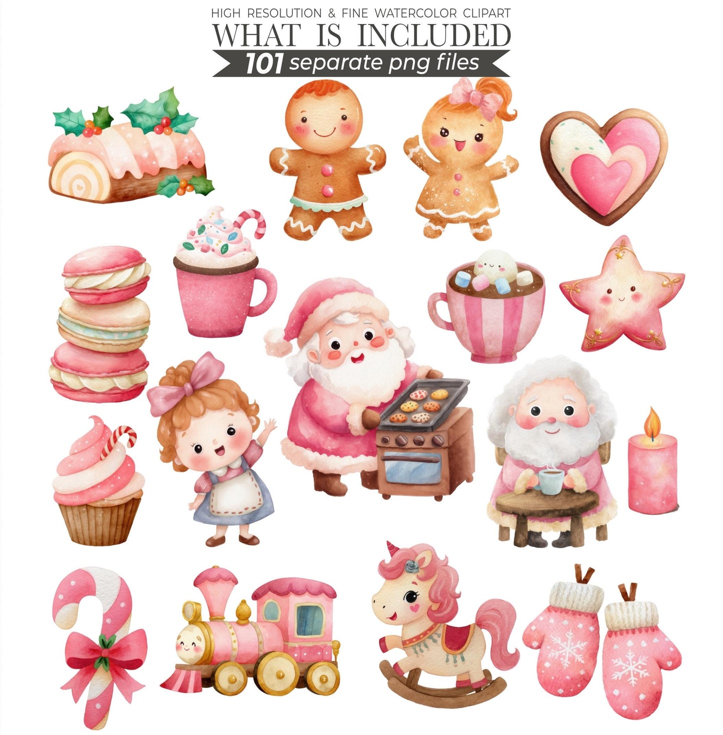Pink Christmas Clipart: Watercolor Santa, Reindeer, Snowman (101 PNGs) (Commercial Use)