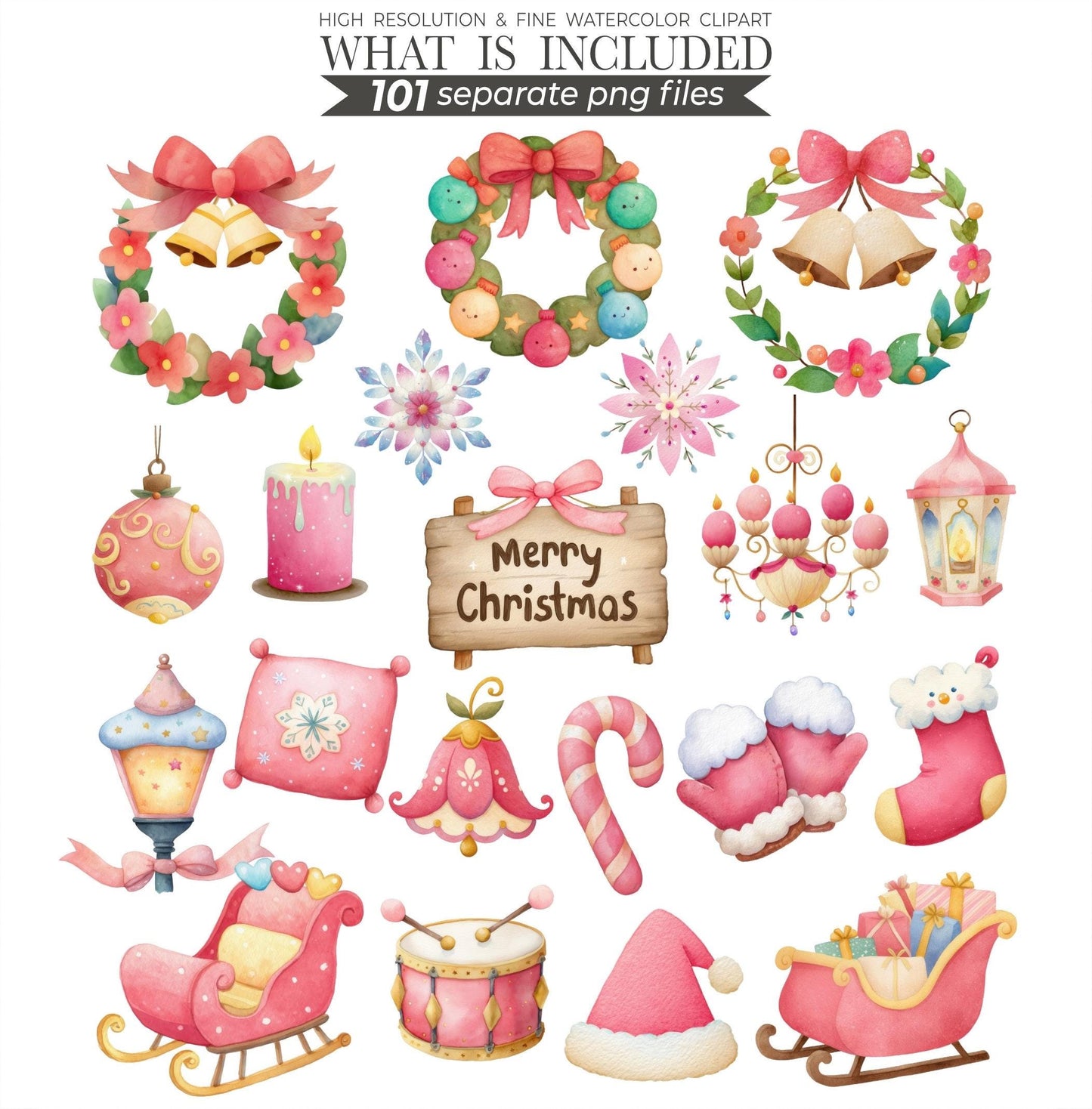 Pink Christmas Clipart: Watercolor Santa, Reindeer, Snowman (101 PNGs) (Commercial Use)