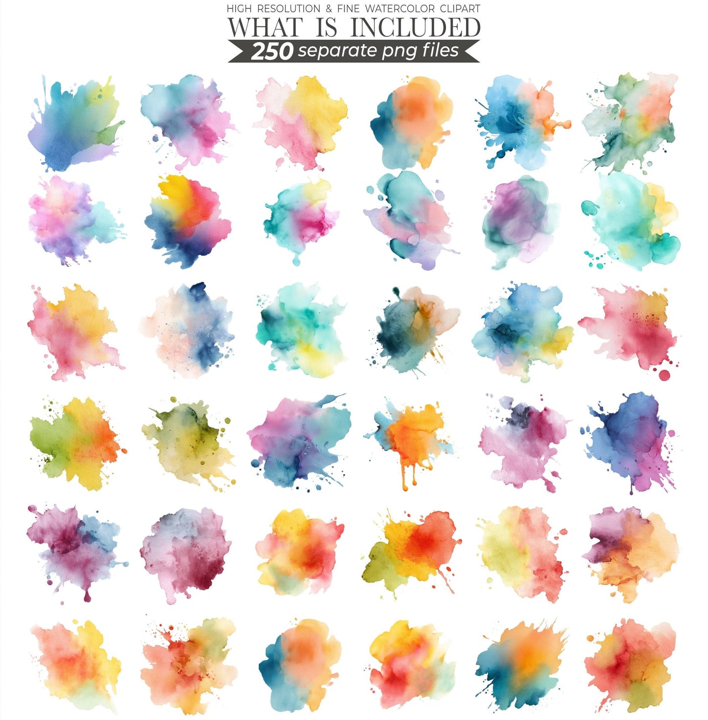 250 Pastel Watercolor Splash Clipart: Abstract PNG (Commercial Use)