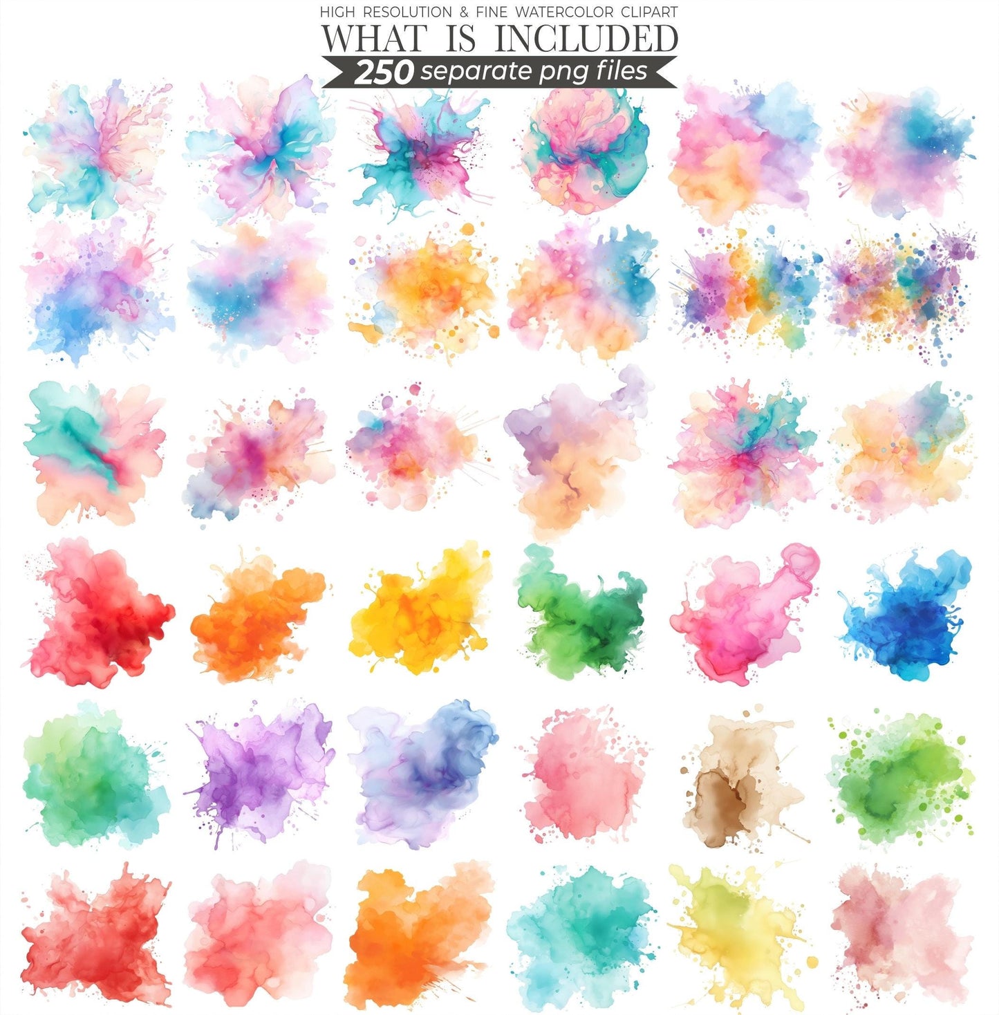 250 Pastel Watercolor Splash Clipart: Abstract PNG (Commercial Use)