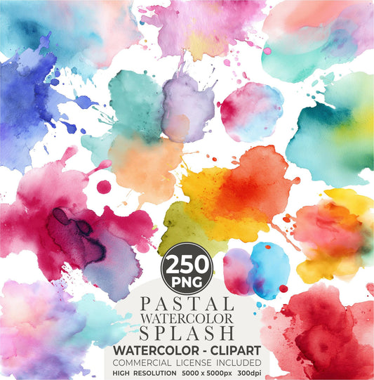 250 Pastel Watercolor Splash Clipart: Abstract PNG (Commercial Use)