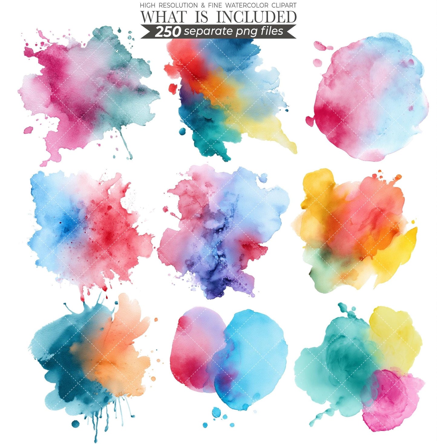 250 Pastel Watercolor Splash Clipart: Abstract PNG (Commercial Use)