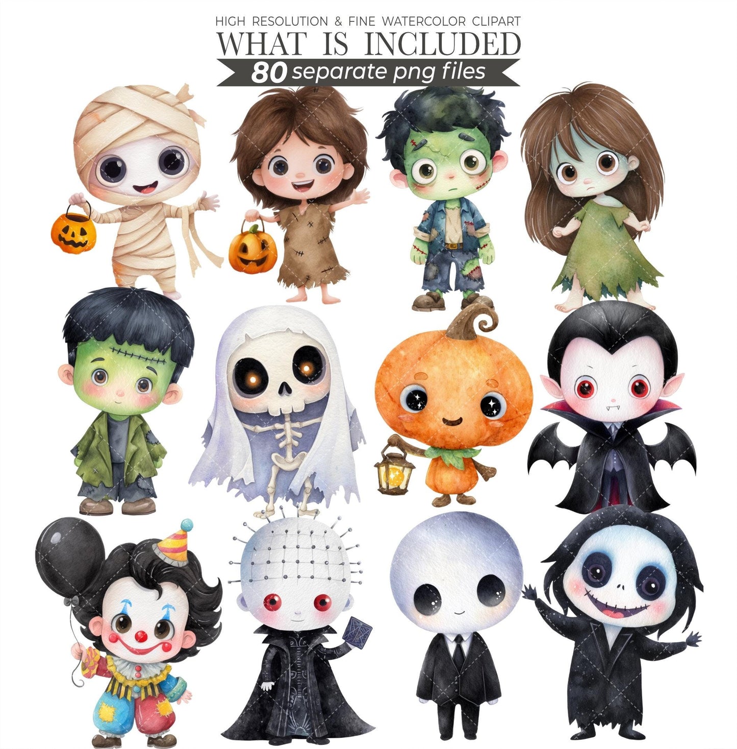 80 Chibi Horror Clipart PNG: Creepy Cute Villains, Dark Style, 300 DPI (Digital Download)
