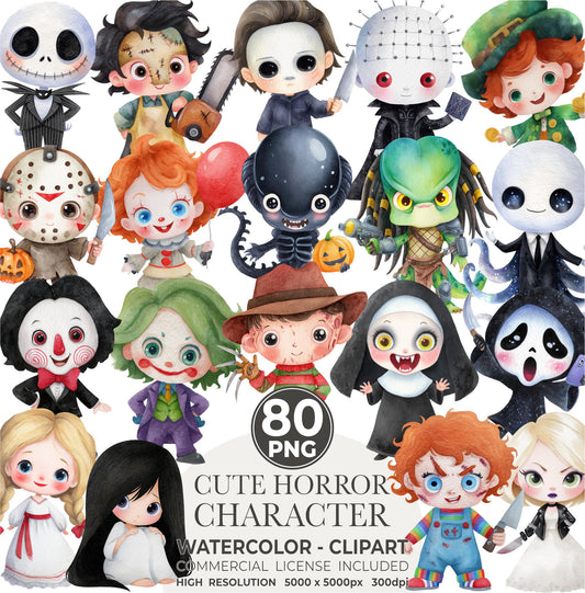80 Chibi Horror Clipart PNG: Creepy Cute Villains, Dark Style, 300 DPI (Digital Download)