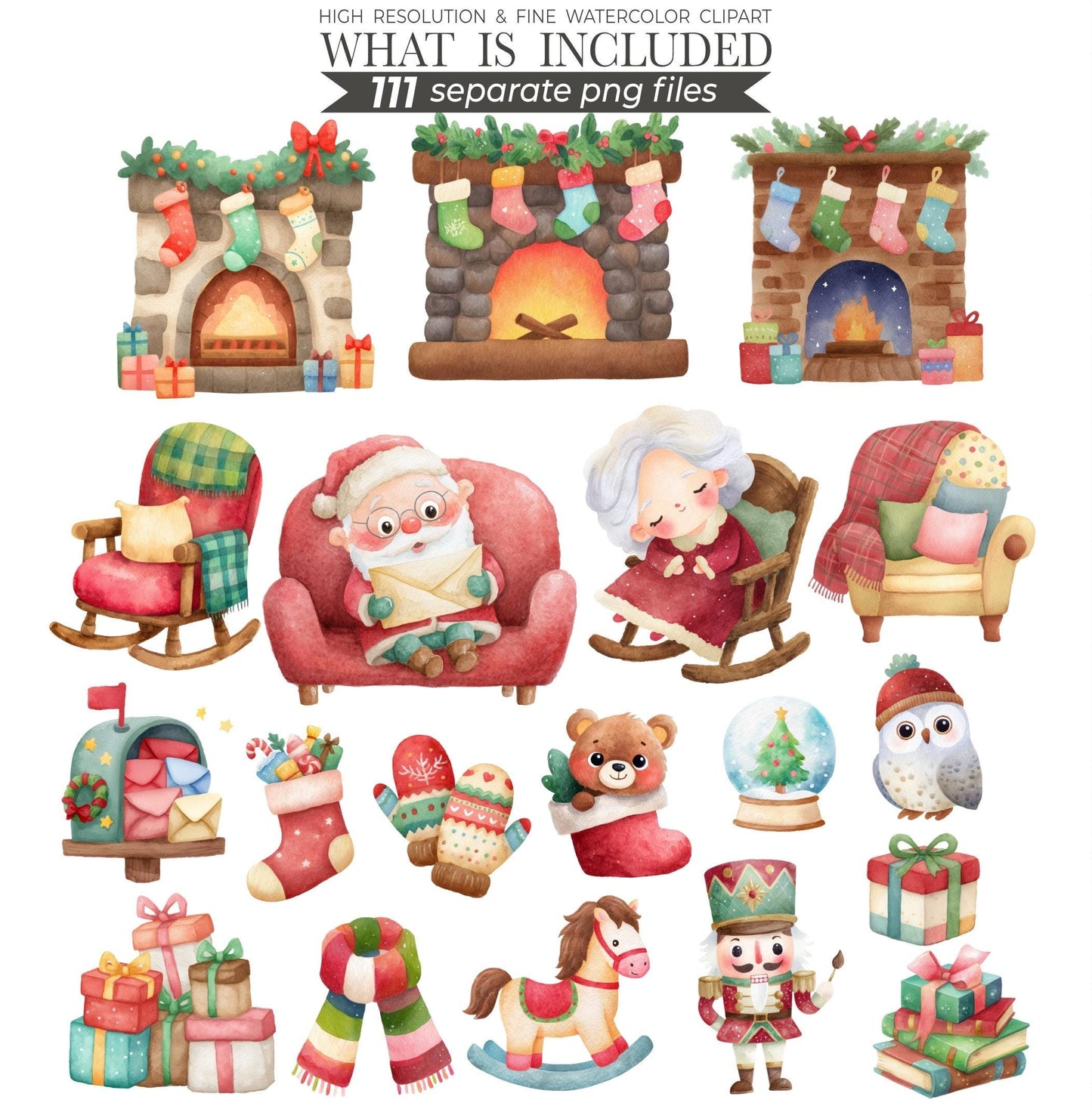 Christmas Watercolor Clipart Bundle | 111 Holiday PNG Images | Xmas Illustrations, Digital Download, Commercial Use