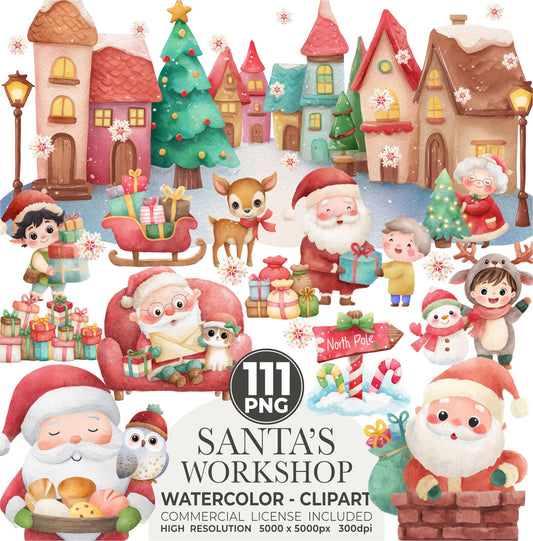 Christmas Watercolor Clipart Bundle | 111 Holiday PNG Images | Xmas Illustrations, Digital Download, Commercial Use
