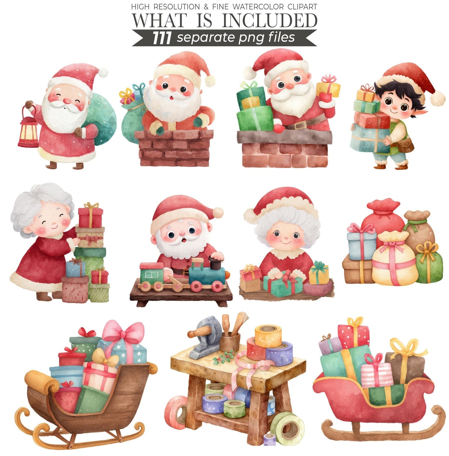 Christmas Watercolor Clipart Bundle | 111 Holiday PNG Images | Xmas Illustrations, Digital Download, Commercial Use