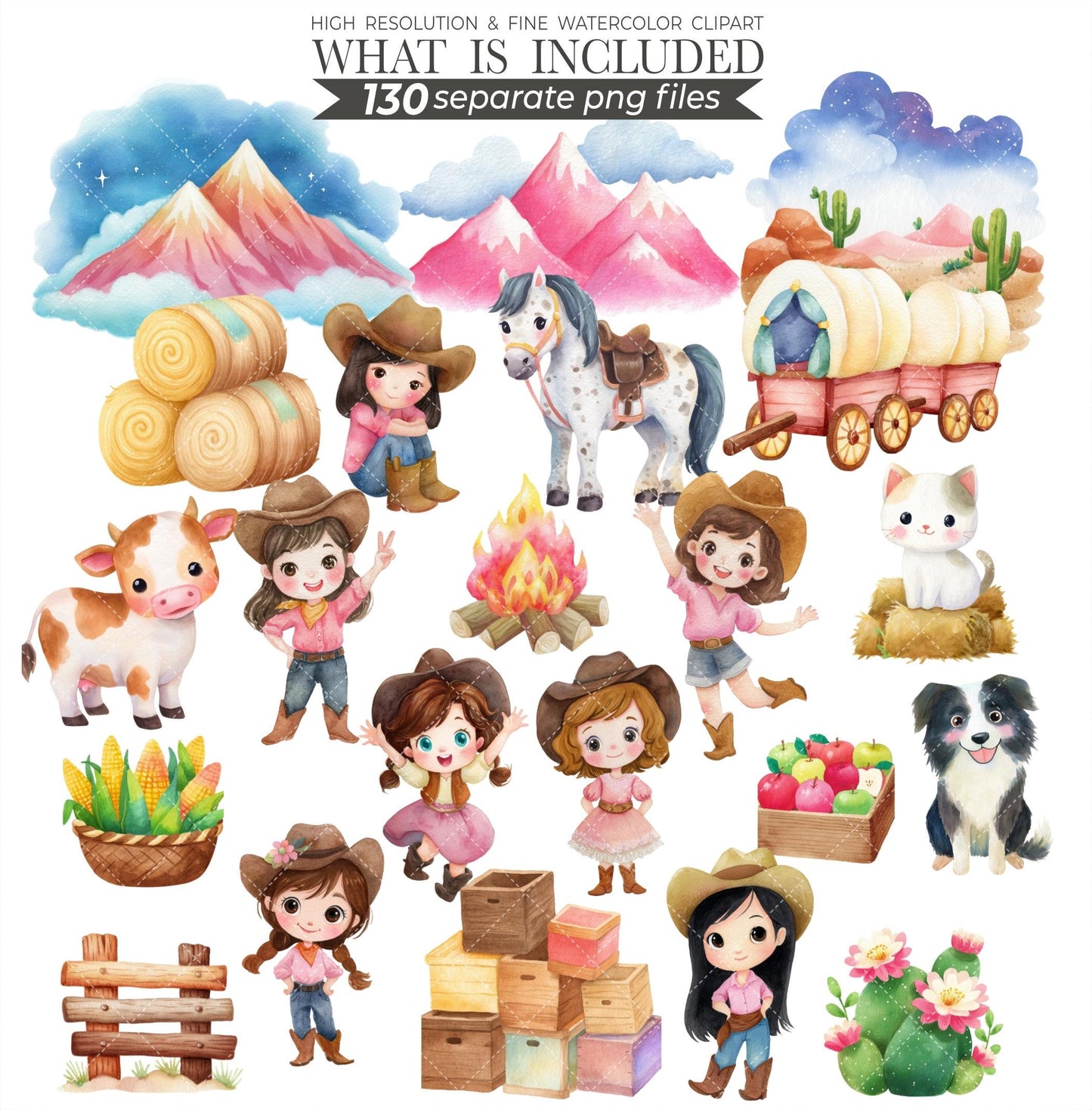 Watercolor Cowgirl Clipart Bundle: 130 PNG Designs (Digital Download)