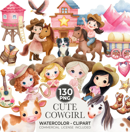 Watercolor Cowgirl Clipart Bundle: 130 PNG Designs (Digital Download)