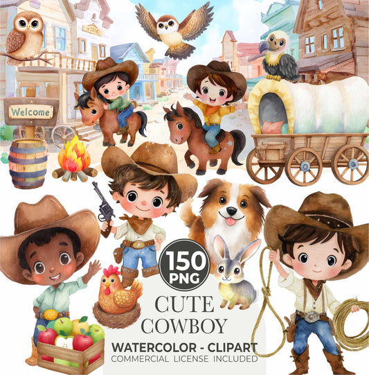 Watercolor Cowboy Clipart Bundle: 150 PNG Designs (Digital Download)